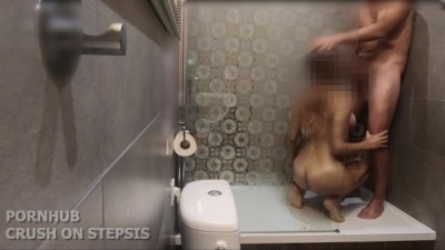 Bathroom shared with 18 virgin step sister: hard cock rubbed while washing her back