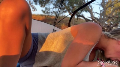 Young Blonde with Big Ass Fucks in an Open Tent while Camping